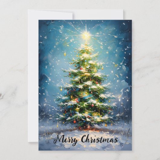 Frohe Weihnachtsbaum im Schneefeld - Ölmalerei Feiertagskarte (Vorderseite)