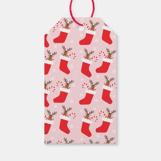 Frohe Weihnachtsbaum in einem Strumpf Red White Geschenkanhänger (Rückseite)