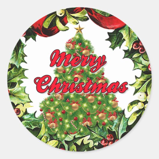 Frohe Weihnachtsbaum in Wreath Round Aufkleber (Vorderseite)