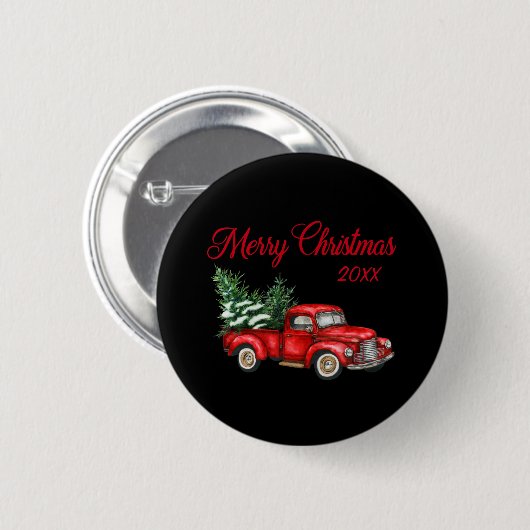 Frohe Weihnachtsbaum Jahr Vintag Red Truck Black Button (Vorne & Hinten)