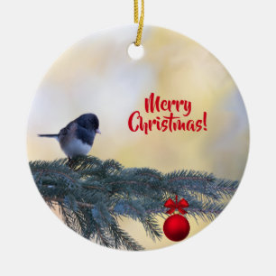 Frohe Weihnachtsbaum mit einem Snowbird auf einem Keramik Ornament