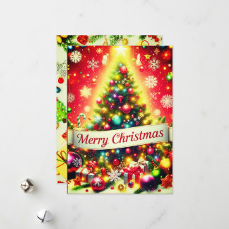 "Frohe Weihnachtsbaum mit farbenfrohen Ornamenten Feiertagskarte