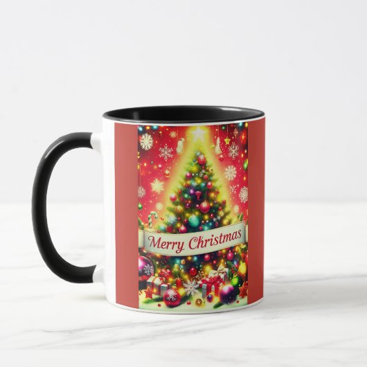 "Frohe Weihnachtsbaum mit farbenfrohen Ornamenten Tasse (Links)