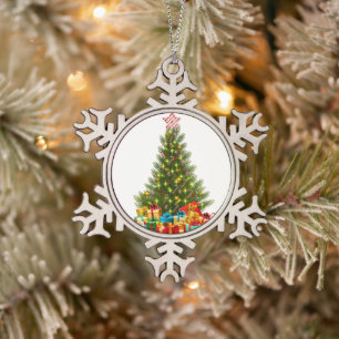 Frohe Weihnachtsbaum mit Star Presents Holiday Schneeflocken Zinn-Ornament