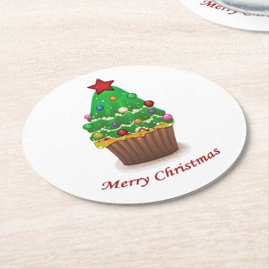 Frohe Weihnachtsbaum Muffin Cupcake Runder Pappuntersetzer (Angewinkelt)