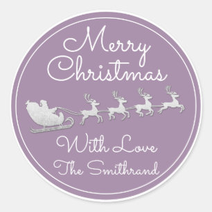 Frohe Weihnachtsbaum Name Gray Santa Silver Sleigh Runder Aufkleber
