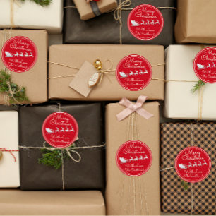 Frohe Weihnachtsbaum Name Red Silver Santa Sleigh Runder Aufkleber