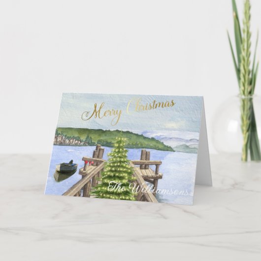 Frohe Weihnachtsbaum Ornamente am See Karte (Vorderseite)
