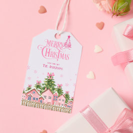 Frohe Weihnachtsbaum Pink Bow Holiday Geschenk Tag Geschenkanhänger