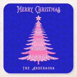 Frohe Weihnachtsbaum Pink Personalisierte Schneefl Rechteckiger Pappuntersetzer