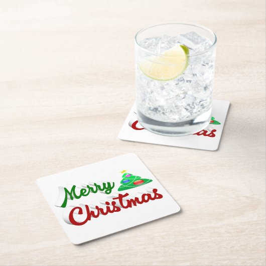 Frohe Weihnachtsbaum rote grüne Schrift Rechteckiger Pappuntersetzer (Vor Ort)
