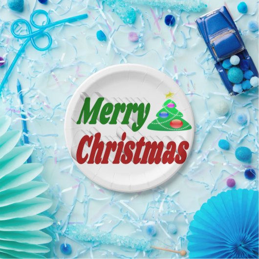 Frohe Weihnachtsbaum rote grüne Typografie Pappteller (Party)