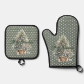 Frohe Weihnachtsbaum Sage Green Polka Dot Ofenhandschuh & Topflappen-Set (Vorderseite)