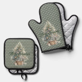 Frohe Weihnachtsbaum Sage Green Polka Dot Ofenhandschuh & Topflappen-Set (Vorderseite/Rückseite)