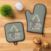 Frohe Weihnachtsbaum Sage Green Polka Dot Ofenhandschuh & Topflappen-Set (Oben Unten)