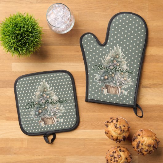 Frohe Weihnachtsbaum Sage Green Polka Dot Ofenhandschuh & Topflappen-Set (Oben Unten)