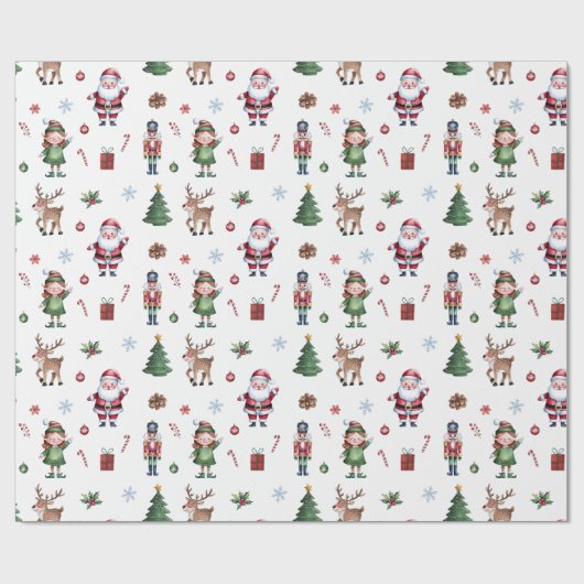 Frohe Weihnachtsbaum Santa Reindeer Nutcracker Geschenkpapier (Flach)