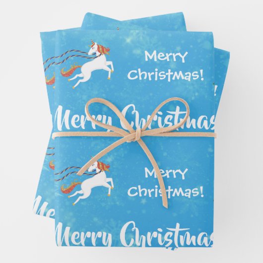 Frohe Weihnachtsbaum Santa Sleigh Girly Unicorn Geschenkpapier Set (Beispiel)