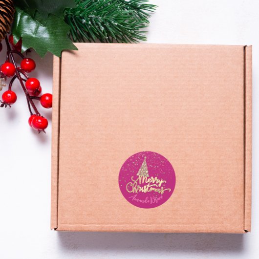 Frohe Weihnachtsbaum Skriptname Gold Pink Runder Aufkleber