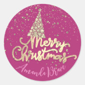 Frohe Weihnachtsbaum Skriptname Gold Pink Runder Aufkleber (Vorderseite)