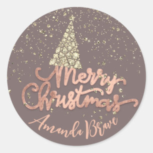 Frohe Weihnachtsbaum Skriptname Rose Gold Diamond Runder Aufkleber
