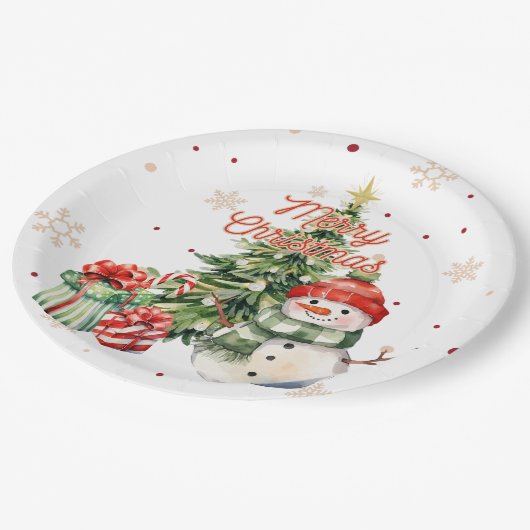 Frohe Weihnachtsbaum Snowman und Geschenke Pappteller (Schrägansicht)
