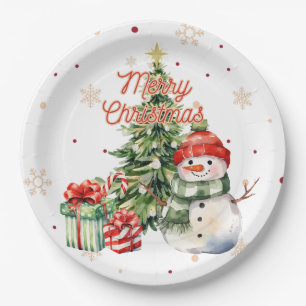 Frohe Weihnachtsbaum Snowman und Geschenke Pappteller