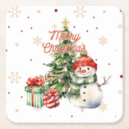 Frohe Weihnachtsbaum Snowman und Geschenke Rechteckiger Pappuntersetzer