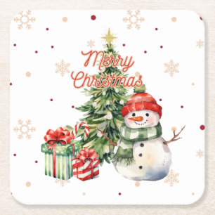 Frohe Weihnachtsbaum Snowman und Geschenke Rechteckiger Pappuntersetzer