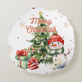 Frohe Weihnachtsbaum Snowman und Geschenke Rundes Kissen