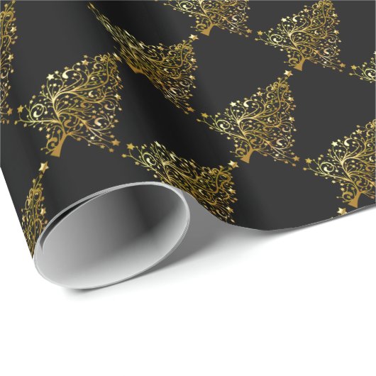 Frohe Weihnachtsbaum Stars Black Gold Shiny Chic Geschenkpapier (Rolleneckpunkt)