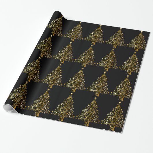 Frohe Weihnachtsbaum Stars Black Gold Shiny Chic Geschenkpapier (Ungerollt)