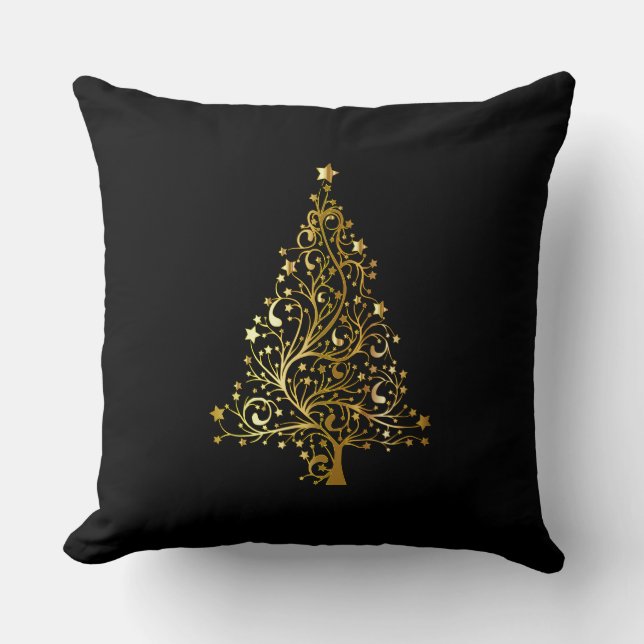 Frohe Weihnachtsbaum Stars Black Gold Shiny Chic Kissen (Vorderseite)