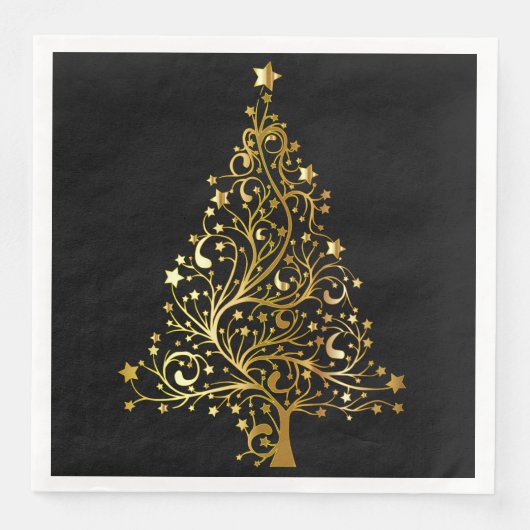 Frohe Weihnachtsbaum Stars Black Gold Shiny Chic Serviette (Vorderseite)