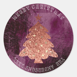 Frohe Weihnachtsbaum Stars Rose Gold Burgundy Red Runder Aufkleber
