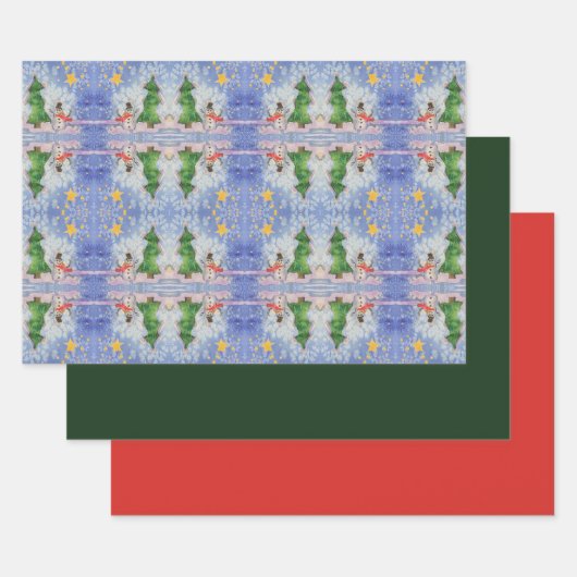 Frohe Weihnachtsbaum und frostige Snowman Wasserfa Geschenkpapier Set (Set)