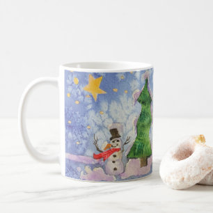 Frohe Weihnachtsbaum und frostige Snowman Wasserfa Kaffeetasse