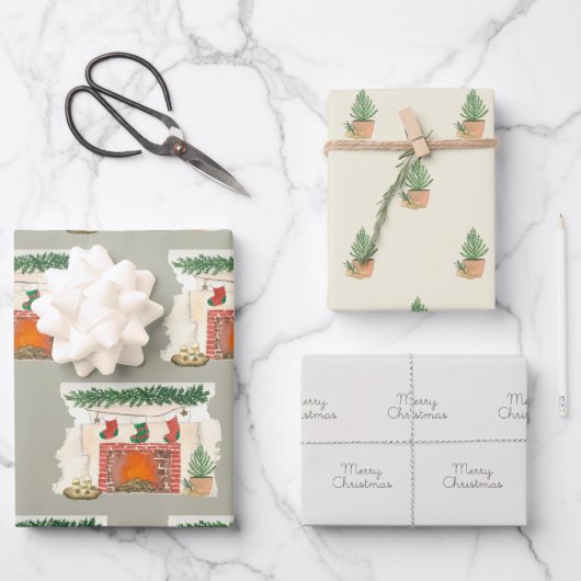Frohe Weihnachtsbaum und gemütlicher Kamin Geschenkpapier Set (Vorderseite)