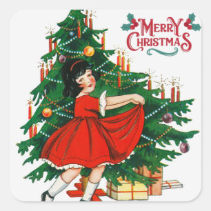 Frohe Weihnachtsbaum Vintage-Kunst Quadratischer Aufkleber