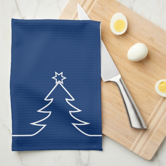 Frohe Weihnachtsbaum w Star Blue White Line Art Geschirrtuch (Viertel Falte)