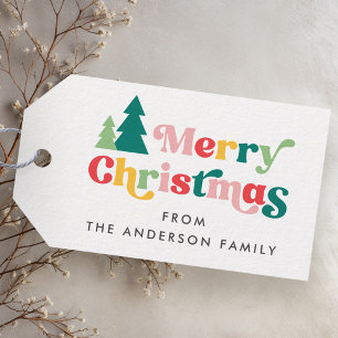 Frohe Weihnachtsbäume bunter Retro-Schriftart Geschenkanhänger