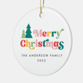 Frohe Weihnachtsbäume bunter Retro-Schriftart Keramik Ornament (Links)