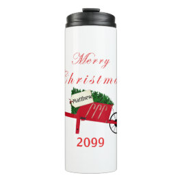 Frohe Weihnachtsbaume Rot Vintage Radkarre Thermosbecher