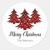 Frohe Weihnachtsbäume Rustikal Rot Kariert Custom Runder Aufkleber (Vorderseite)