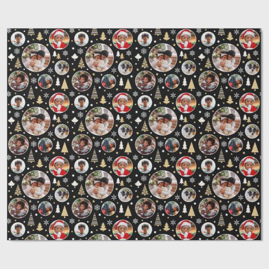 Frohe Weihnachtsbäume Schneeflocken Foto Schwarz Geschenkpapier (Flach)