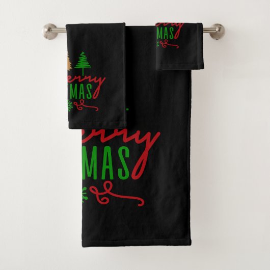 Frohe Weihnachtsbäume Text auf Schwarz Badhandtuch Set (Insitu)