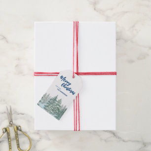 Frohe Weihnachtsbäume Wald Aquarellschrift Geschenkanhänger