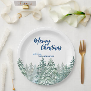 Frohe Weihnachtsbäume Wald Aquarellschrift Pappteller