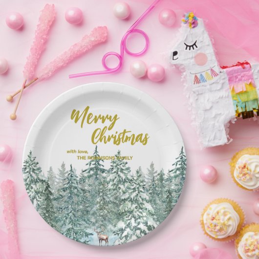 Frohe Weihnachtsbäume Wald Moderne Gold Skript Url Pappteller (Party)