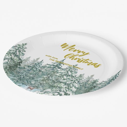 Frohe Weihnachtsbäume Wald Moderne Gold Skript Url Pappteller (Schrägansicht)